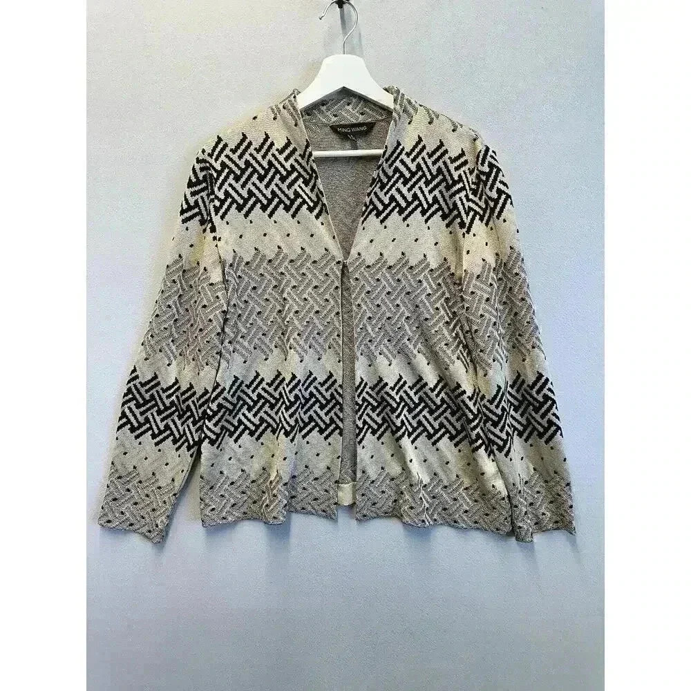 Ming Wang Women Large Cardigan Blazer Open Front Knitted Cream/Black Herringbone